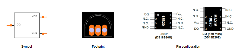 Symbol, footprint and pin configuration of DS18B20