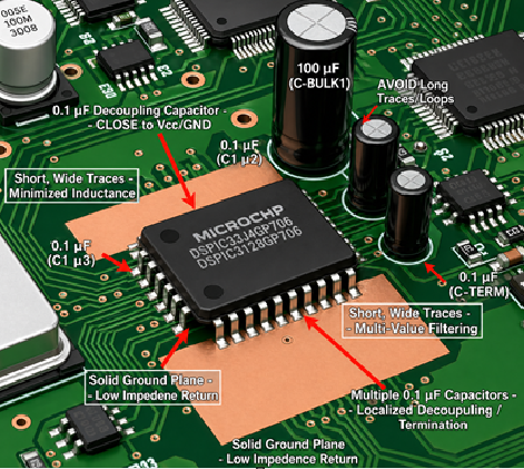Microcontroller Decoupling with Capacitors near IC Pins